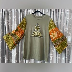 Def Leppard Upcycled Tee with Kantha Sleeves Boho Hippie Festival